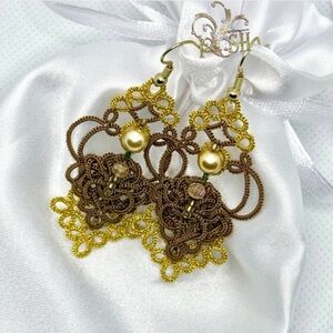 Unique Gold & Brown Tatting Earrings – Only One Pair!